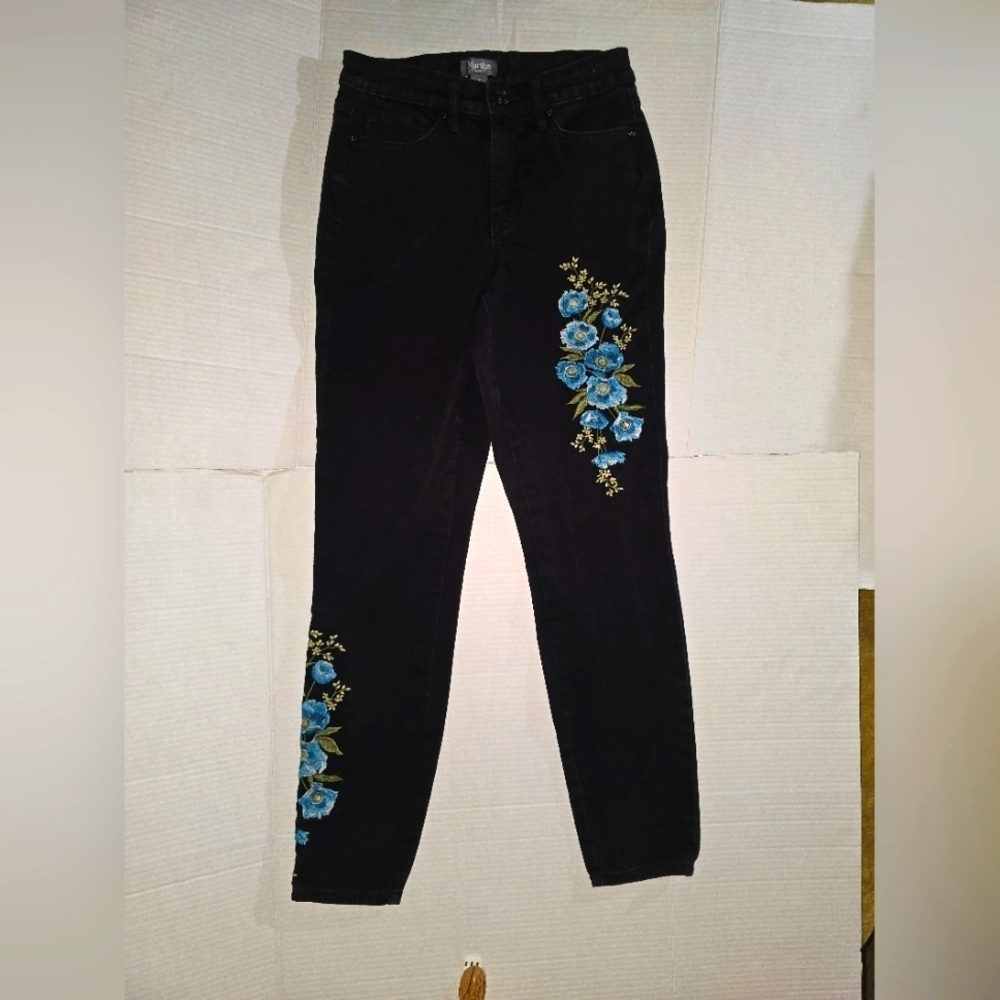 Martha Stewart Black Jeans with Blue Floral Embroidery